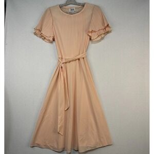 Vintage Gilberti Pleated Dress Puff Pleated Sleeves And Matching Belt Peach Sz14